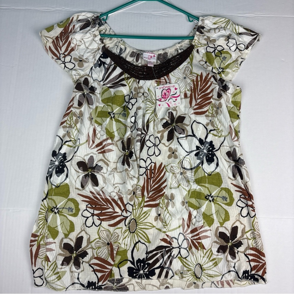One Step Up Women's 3X Shirt Floral Green Brown White New with Tags Poly Blend